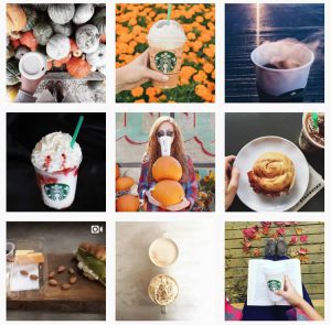 Griglia fotografica dell'account Instagram di Starbucks, con foto di caffè e dolci