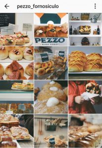 Griglia delle foto sull'account instagram di un panificio palermitano. Le foto mostrano pezzi di rosticceria in vendita presso il forno.