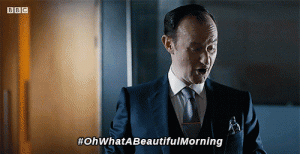 Mycroft Holmes dice "oh che bella giornata", con l'hashtag #ohwhatabeautifulmorning