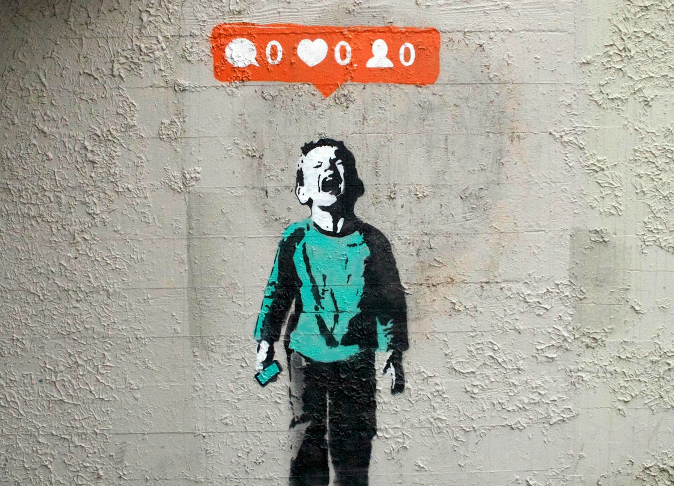 Graffito di Bansky che ritrae un bambino che piange per pochi like ricevuti senza i bot di Instagram