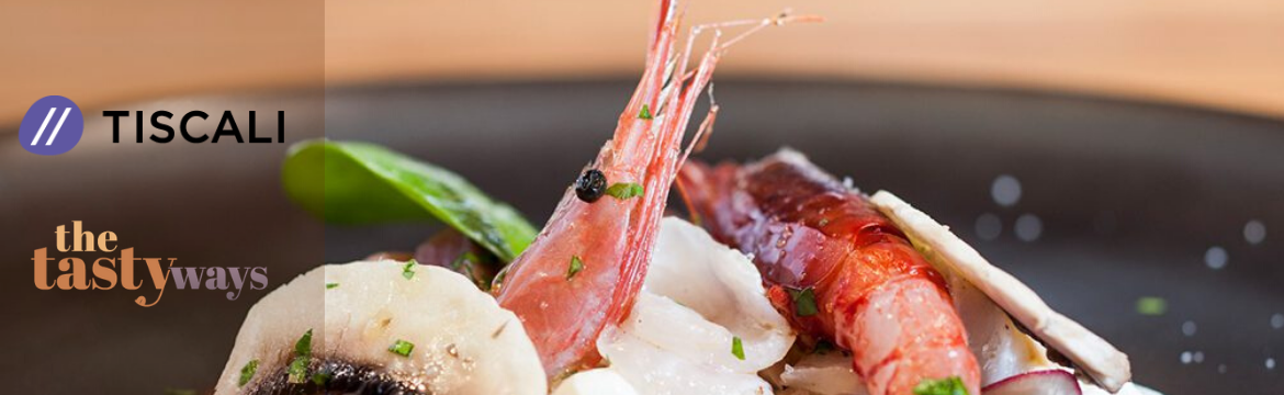 Food content marketing: immagine di crudo di pesce con a sinistra i loghi di Tiscali e The Tasty Ways